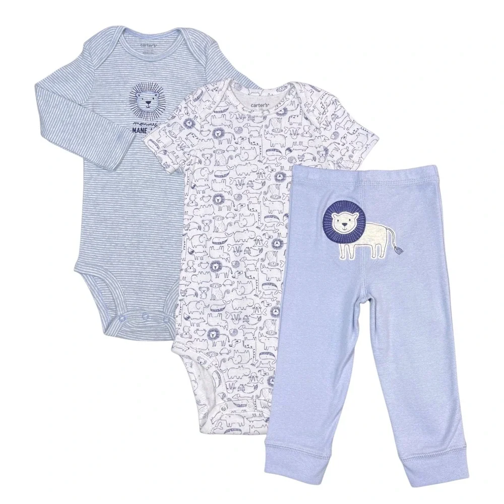 Carters Baby Boys 3pc Pants &Tops Lion Outfit Set Size12 Months Light Blue White